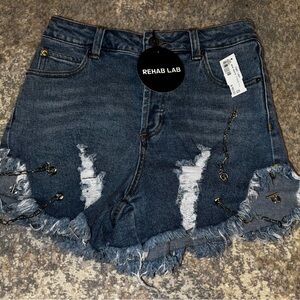 REHAB LAB Women's Blue Distressed Chain Cut Off Denim Shorts Size S 98% Cotton